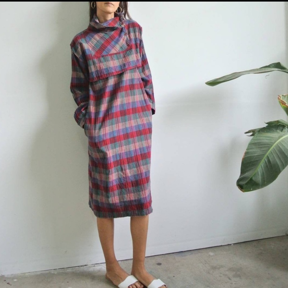 Adorable Small / XS Vintage 80s Madras plaid 100% Cotton Midi Dress